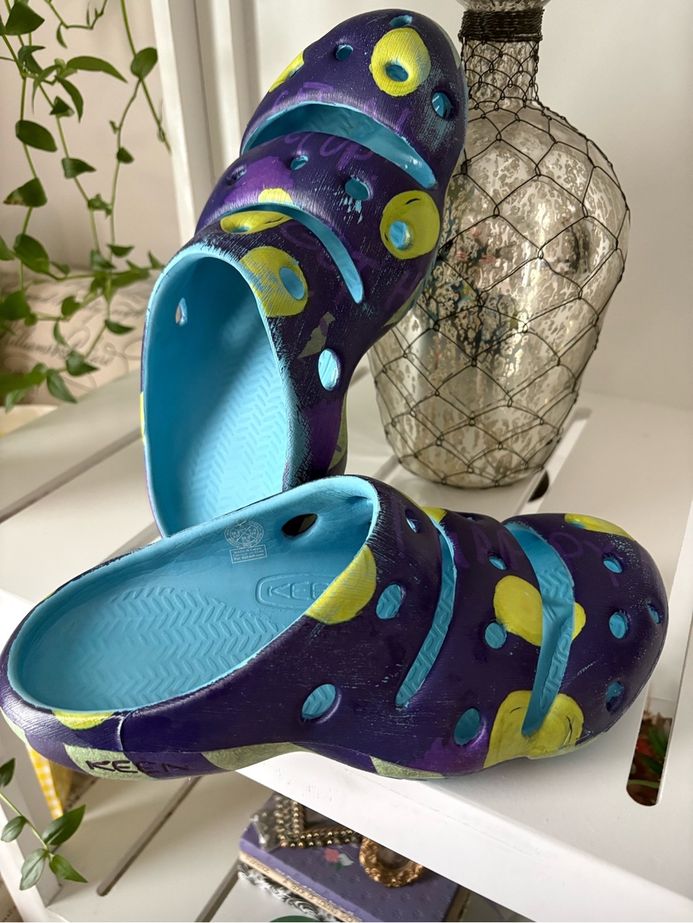 Keen Purple Clogs with Turquoise Interior and Yellow Accents